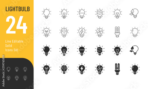 light Bulb Line Editable and Glyph Solid Icons set. Vector illustration in a modern minimalist clean style of various shapes light bulb. Isolated on transparent background.