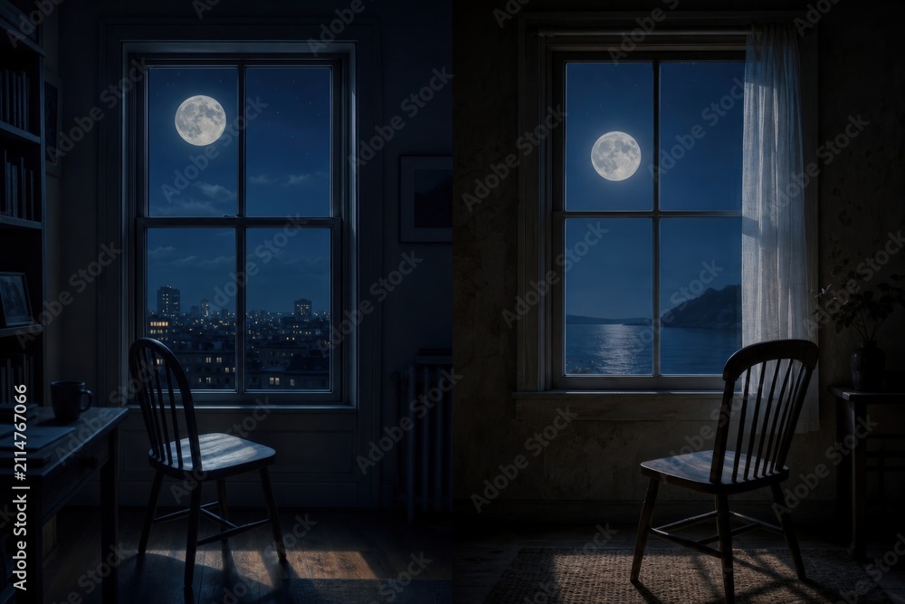 Fototapeta premium The same full moon glows through two separate windows in different rooms, showing how one shared sky connects distant hearts.