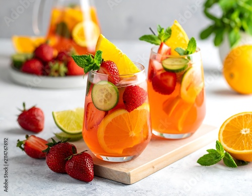 A refreshing drink with fruits and herbs on a wooden board