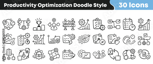 Set of 30 productivity optimization icons in doodle style