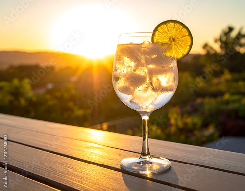 A refreshing drink with ice and lime on a wooden table at sunset