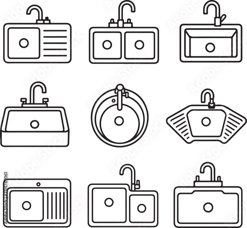 A collection of various kitchen sink outline icons is displayed on a white background.