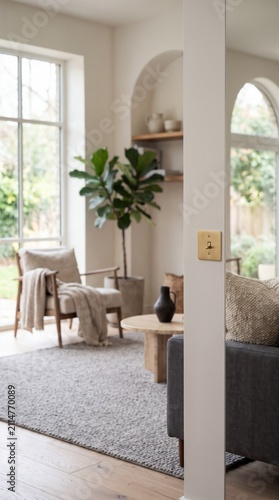 Modern bright living room interior with comfortable furniture and stylish brass light switch, elegant home decor and peaceful domestic lifestyle architecture