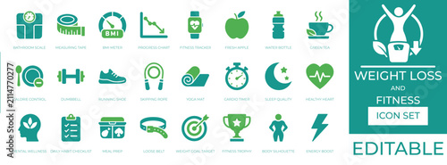 Fotografía Weight Loss and Fitness Icon Set, Flat Vector Icons for Healthy Diet, Exercise,