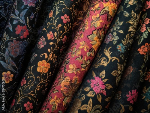 Ornamental textile design featuring dark botanical patterns, baroque-inspired details, and mystical elements with a whimsical gothic aesthetic
