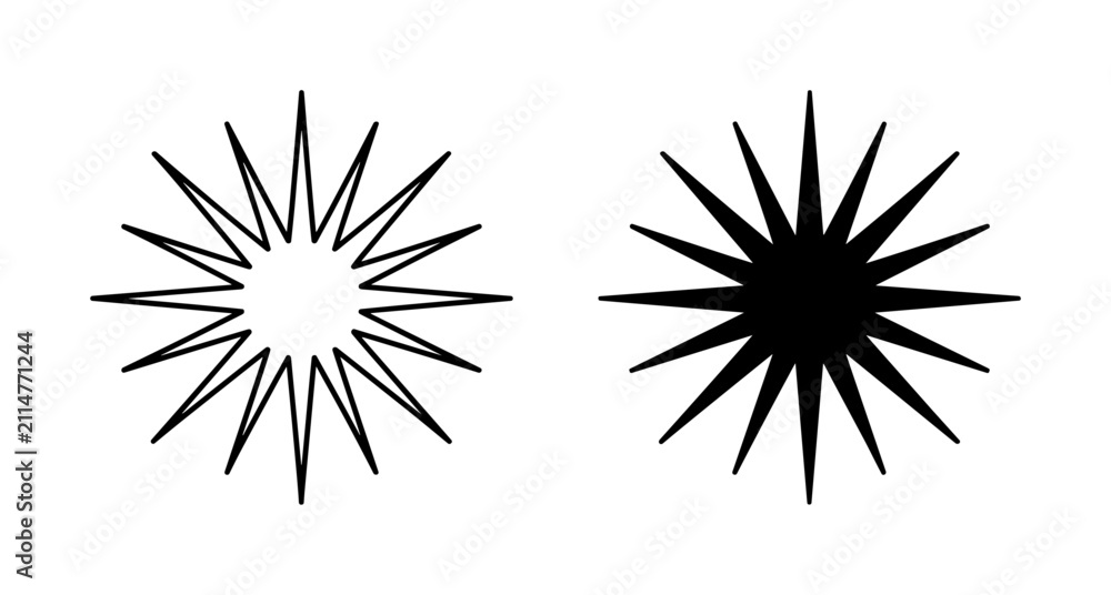 Fototapeta premium Two black starburst shapes on white background with pointed rays in circular arrangement