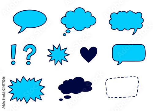 Set of blue and dark blue comic speech bubbles, thought clouds, symbols and punctuation marks on white background