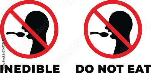 Warning sign with human head and spoon indicating inedible do not eat content