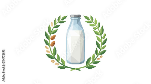Glass Bottle of Milk with Nuts and Leaves Emblem