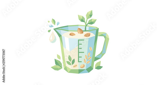 Plant-based milk in measuring jug with almonds and leaves