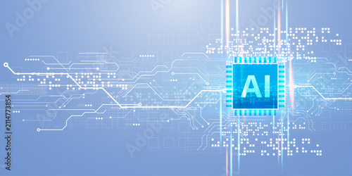 Fotografía Artificial intelligence processor chip on light blue vector circuit background w