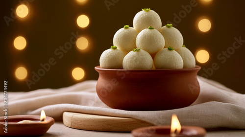 Traditional indian rasgulla sweets served in a clay bowl for diwali