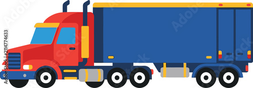 Cuadro en lienzo Colorful cartoon truck with red cab blue trailer and yellow accents