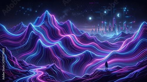Abstract digital landscape featuring glowing neon light trails flowing over dark mountain terrain in a futuristic virtual environment