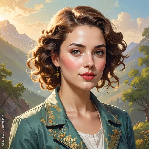 A portrait of a young woman with curly brown hair and green jacket