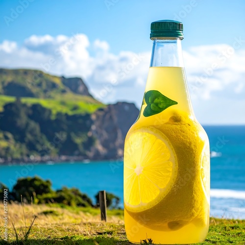 A refreshing drink with lemon slice and green leaf in a glass bottle with green cap on a grassy hill overlooking a serene ocean and mountain landscape