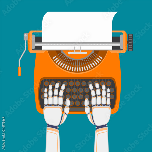 Obraz na płótnie Robot hands typing on a typewriter. Vector illustration.