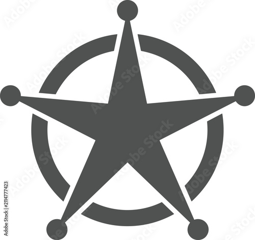 Sheriff badge icon featuring a dark grey silhouette of a five pointed star with circles over a round ring isolated on white background