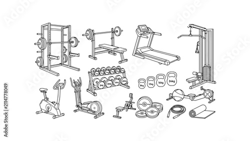 Black and White Gym Gear and Exercise Machine Vector Icons