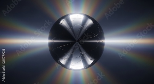 Glossy Metallic Sphere Reflecting Rainbow Light on Dark Abstract Background