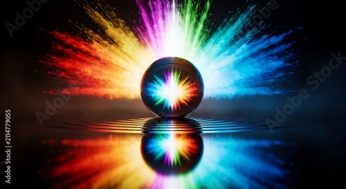 Vibrant Glass Sphere Emitting Rainbow Light Burst on Reflective Dark Surface