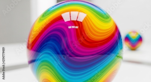 Glossy Rainbow Glass Sphere Resting on White Surface with Blurred Background Orb