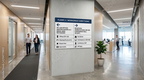Two people walk down a hallway in an office building. A sign indicates directions to various workspaces, including meeting rooms, break areas, restrooms, and the HR department.