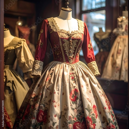 A red and white floral dress with lace details on a mannequin