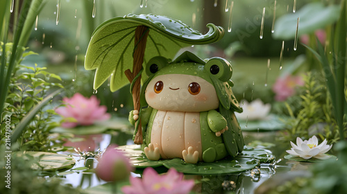 Kawaii Frog Character Sheltering Under Leaf in Water Garden