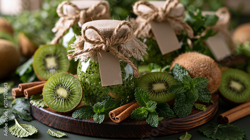 Kiwi Jam Bottles With Fresh Fruit on Natural Wooden Table