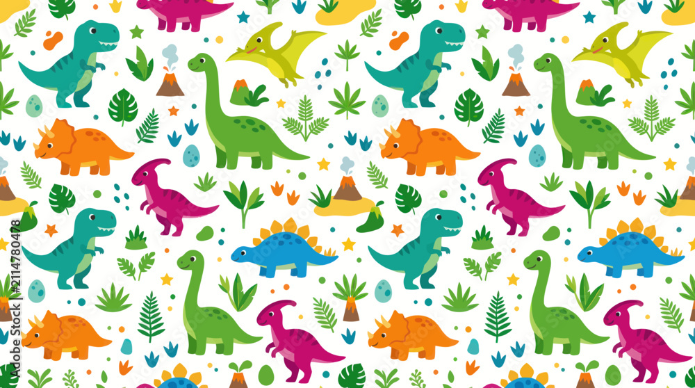 Naklejka premium Cute Cartoon Dinosaurs Seamless Pattern in Flat Style for Kids Design. Prehistoric Reptiles, Volcanoes Plants.