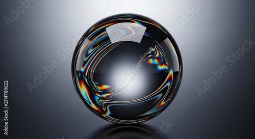 Iridescent Glass Sphere Resting on Dark Gradient Background