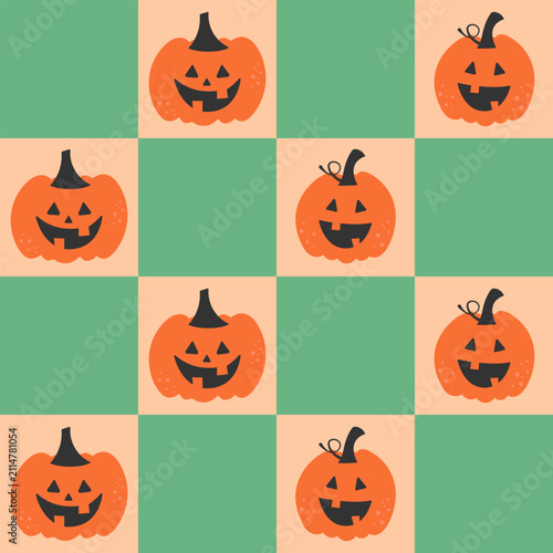 Halloween seamless pattern. Cute pumpkins on a retro checkered background. Repeating print for textile, wrapping, decoration. Fall holiday vector illustration. Cartoon hand drawn patchwork print.
