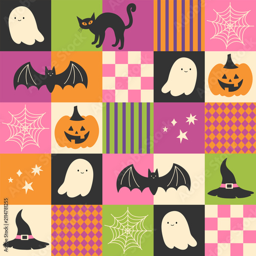 Halloween seamless pattern. Ghost, bats, black cat, witch's hat, cobweb and pumpkins patchwork vector illustration. Fall holiday background. Repeating print for textile, wrapping, decoration.