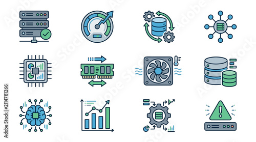 Clean Modern Icons Set Featuring Server Database Cloud AI and Performance Analytics in Minimalist Style