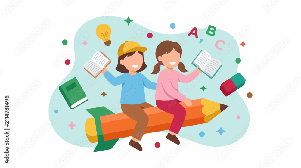 Obraz premium Children flying on a pencil rocket, symbolizing learning and education