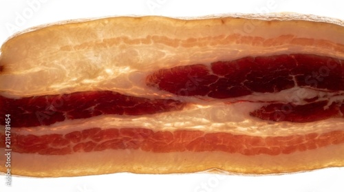 Single raw bacon slice with distinct fat and lean meat marbling isolated on white background