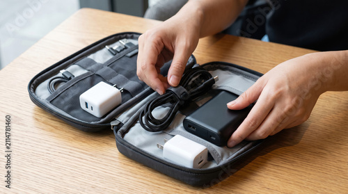 Close-up of a hand organizing a smartphone charger, power bank, and charging cable inside a travel organizer pouch