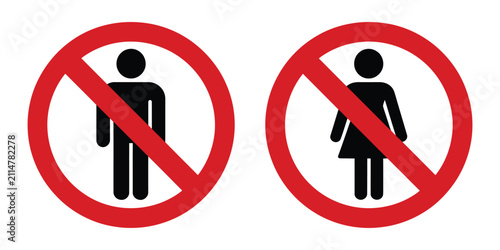 No Men No Women, Allowed Icon featuring prohibition sign, restricted access symbol, male and female restriction, warning signage and editable vector illustration