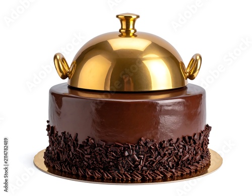 A rich, chocolate cake with a glossy finish and chocolate sprinkles, topped with a shiny, gold cloche