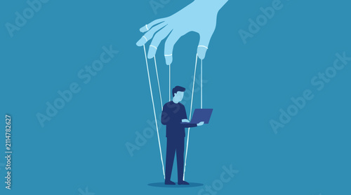Foto Cyber manipulation: person using laptop controlled by puppet strings
