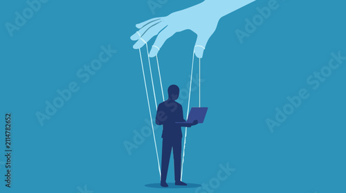 Konstfotografi Concept of digital manipulation: Person using laptop controlled by puppet string