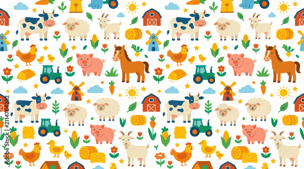 Fototapeta premium Cute Farm Animals and Barns Seamless Pattern, Flat Vector Illustration