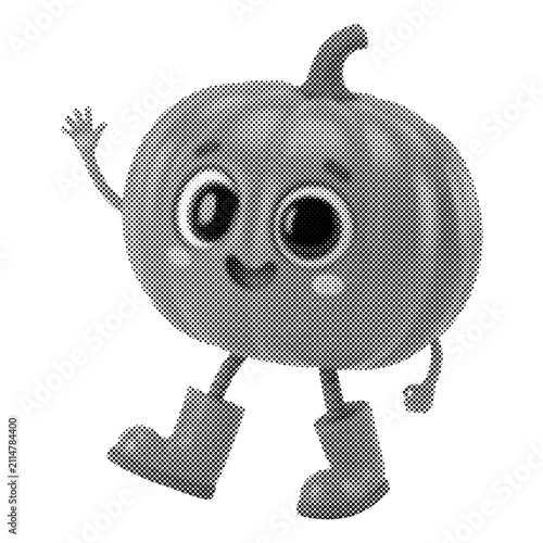 Cute cartoon pumpkin character waving. Monochrome Halloween squash mascot wearing boots. Whimsical vector illustration with halftone texture.