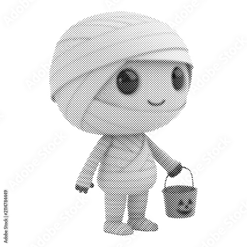 Cute cartoon mummy character holding trick-or-treat bucket. Monochrome Halloween monster mascot wrapped in bandages. Whimsical vector illustration with halftone texture.