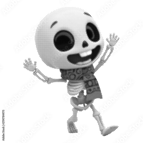 Cute cartoon skeleton character dancing. Monochrome Halloween skull mascot wearing a scarf. Whimsical vector illustration with halftone texture.