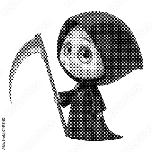 Cute cartoon grim reaper character holding a scythe. Monochrome Halloween death mascot in a black hood. Whimsical vector illustration with halftone texture.