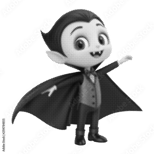 Cute cartoon vampire boy character in cape. Monochrome Halloween Dracula mascot posing with fangs. Whimsical vector illustration with halftone texture.