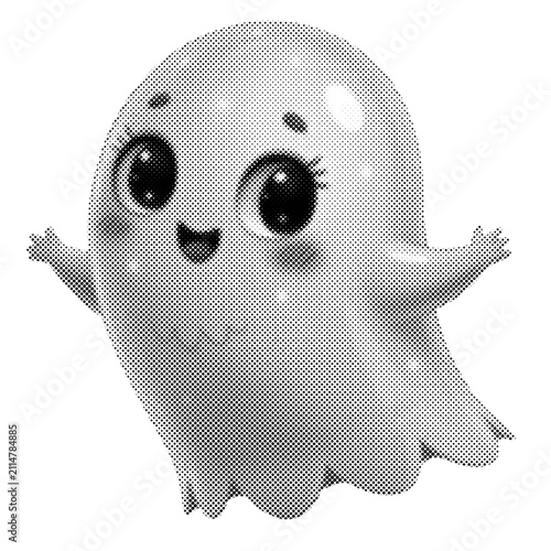 Cute cartoon ghost character flying. Monochrome Halloween spirit mascot with happy face. Whimsical vector illustration with halftone texture.