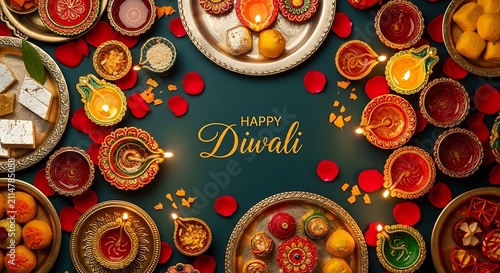 Top view of diwali festival background with lit diya lamps, traditional indian sweets like kaju katli and laddu, and rose petals on a dark green surface